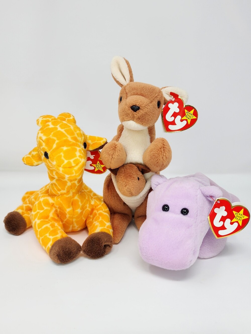 Ty Plush Trio - Brown Kangaroo, Yellow Giraffe & Lavender Hippo